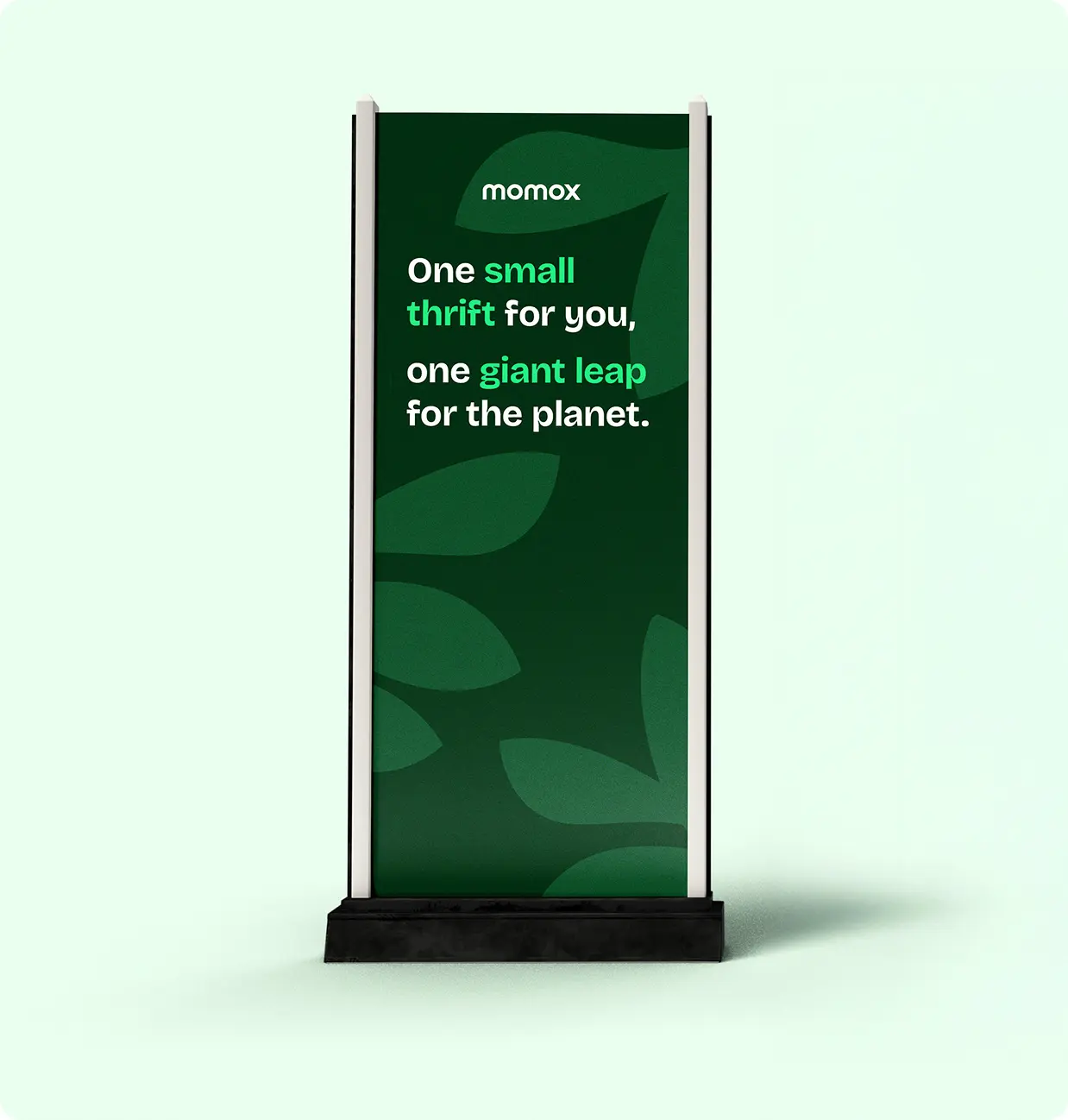 A picture of a green momox banner product with text on it