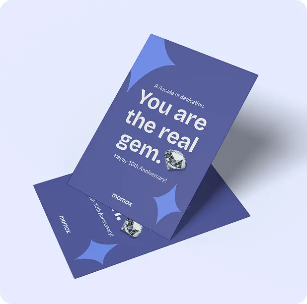 A picture of a blue momox card with text on it