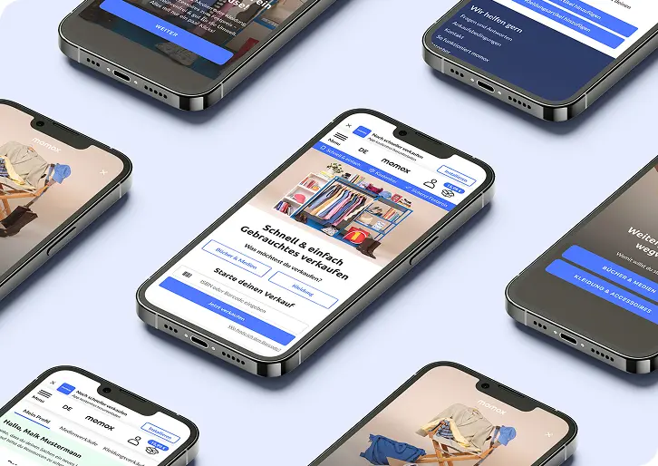 A couple of phones showing multiple screens of the new mobile site